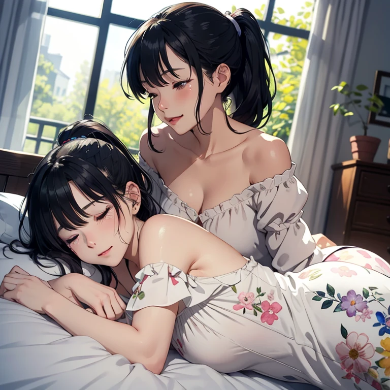 alto detalhamento, 4k, master part, Cinematic lighting, noite, quarto, two voluptuous women with curvaceous bodies, deitado na cama, touching and kissing each other passionately, Desejo Puro, nu, Camisola, pubic hair, pele suada, NSFW, pigtail, profundidade de campo