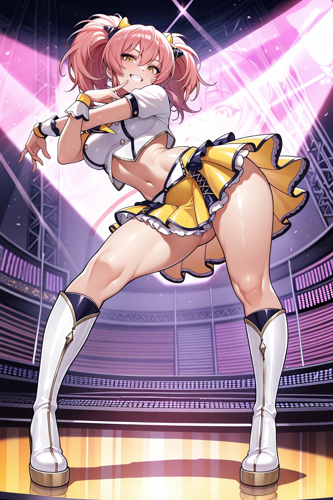 (from back,from behind:1.6),(Low Angle,from below:1.8),8k, 1girl,dark room,cheerleader costume with micro miniskirt,see sexy-white-panty,hip form miniskirt,leaning forward,(open legs:1.6), night, medium breasts,with natural pointy tits ,arms up, looking at viewer, 1 girl, 18yo,Young female,Beautiful Finger,Beautiful long legs,Beautiful body,Beautiful Nose,Beautiful character design, perfect eyes, perfect face,(frown,bite lip,disgust,crying,nose-blushing,:1.2), solo focus, cowboy shot, (masterpiece:1.4),(best quality:1.4),(shiny skin), NSFW,official art,extremely detailed CG unity 8k wallpaper, perfect lighting,Colorful, Bright_Front_face_Lighting, (masterpiece:1.0),(best_quality:1.0), ultra high res,4K,ultra-detailed, photography, 8K, HDR, highres, absurdres:1.2, Kodak portra 400, film grain, blurry background, bokeh:1.2, lens flare, (vibrant_color:1.2) ,steaming body ,