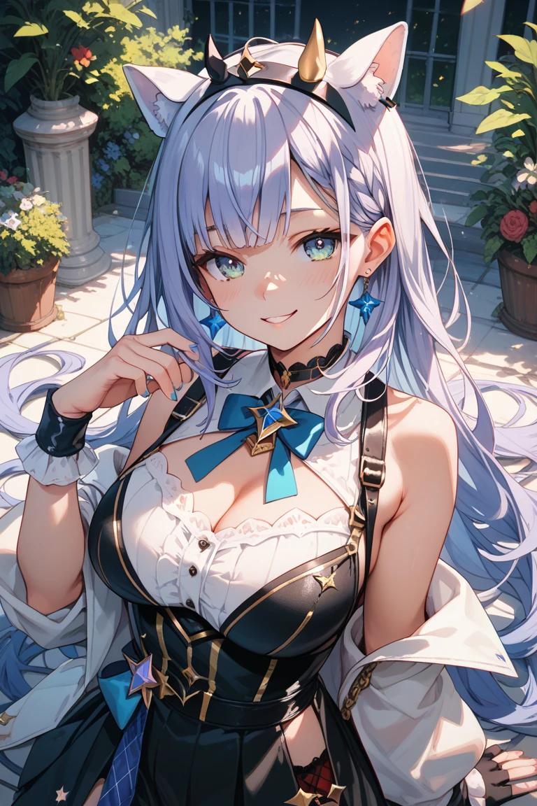 (Realistic painting style:1.1), masterpiece, best quality, absurdres, looking at viewer, solo,kallen kaslana (sixth serenade), kallen kaslana, white hair, (one eye closed:1.1), 1girl, solo, blue eyes, braid, looking at viewer, gloves, smile, long hair, braided ponytail, bangs, bare shoulders, (purple thighhighs:1.1), (purple gloves:1.1), purple pants, long sleeves, hair between eyes, (large breasts:0.8), hair ornament, single braid, pants, flower outdoor, cloudy sky, cloud, finger to mouth, sexy, big breasts, butt, large breasts,
