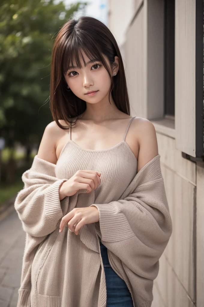 Professional photo-realistic images, (on green in sunset park), (No bra and wearing a loose white pullover) A cute Japanese woman with fluffy short hair 20 years old, she is crouching, leaning forward, and placing her hands on her knees. the pullover collar is hanging down from chest, her breasts and nipples are glimpse from the gap, She looks at me and blushes with a shy smile. Composition from directly above, nsfw,