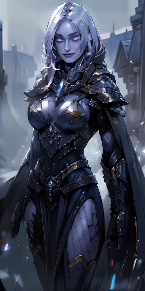 (Triplets) (chest covered) (smile) Gray skin, pale golden hair and violet eyes. They prefer clothing of white and silver with cloaks of deep blue or purple, village background, ((very precise detailed)) ((high res)