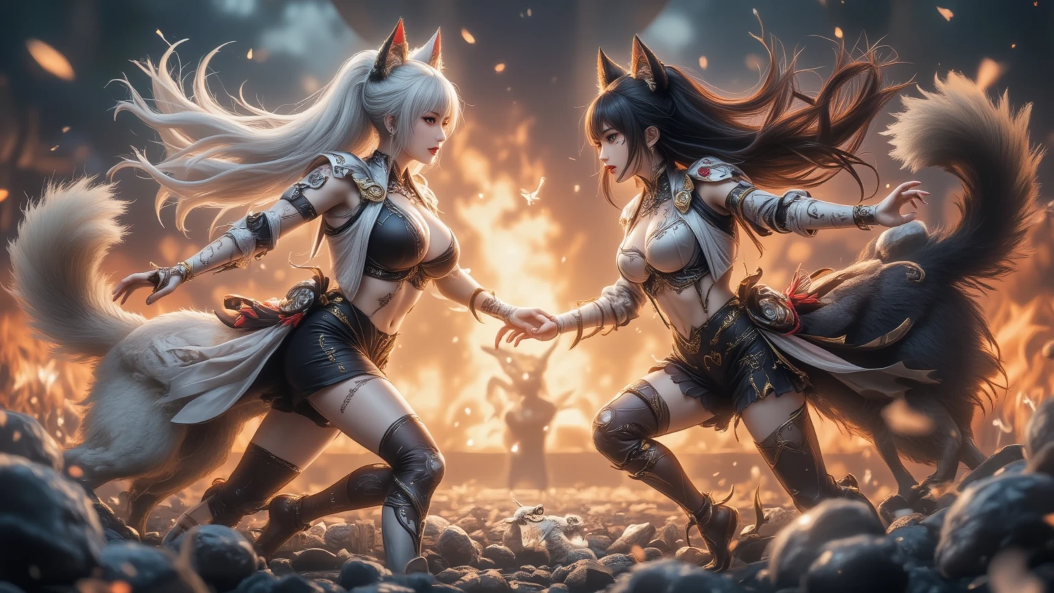 (full body shot:1.2)(correct anatomy), depicting a breathtaking (granblue fantasy) scene of two fierce female warriors engaged in close combat with their short swords. The fight is intense and deadly, as one of them is defeated. The victor looks resolute and determined to end the match. Their (detached sleeves:1.1) reveal a hint of beauty, along with their (long gloves) (skirt) and (black thigh highs). The lush forest in the background provides a stunning natural backdrop.