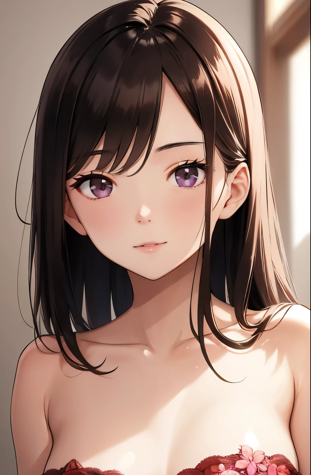 blushing, smiling, brunette, ((masterpiece)), detailed eyes, detailed face, ((full face))
