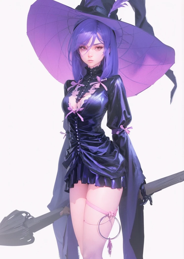 {High detailing, high quality, masterpiece, Artstation, pixiv, Anime Art 4k, cg art, SFW version} An anime girl, fair skin, [white skin: 0.8] anime girl with purple hair, anime style girl, doing a sensual pose, wearing a short ripped dress open at the belly, posing in a short dress torn in black color with violet details, wearing a black Japanese style hat, detailed body, tabby body, large thighs, large hips, thin waist [large breasts:  2.0], full breasts, large breasts, detailed eyes(eyes in high quality, eyes in color: purple), influence of the wind, [Background: big city, blue sky, daytime], Expression: Happy, smiling, smelling, Surrealism, Conceptual art, high detail, Pop art, Hyperrealism, anime style, depth of field, cinematic lighting, ray tracing, reflection light, UHD, masterpiece, textured skin, high quality, high details, super detail,  best quality, 8k
