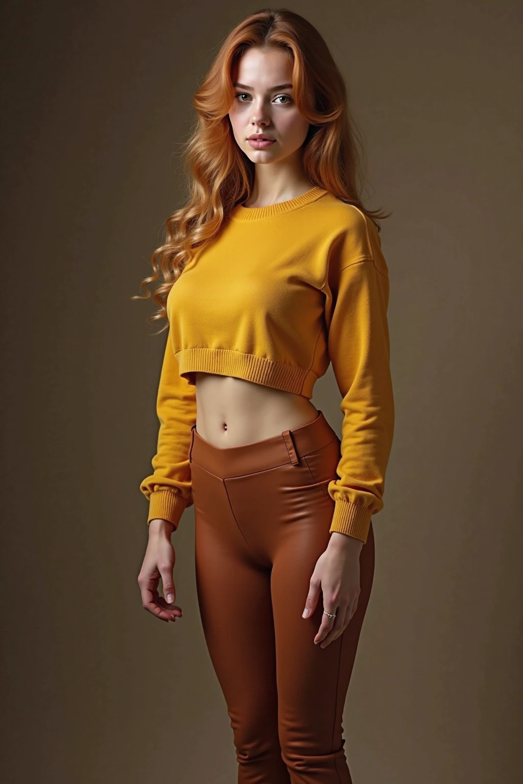 ((best qualityer)), ((work of art)), (detailded), 1 girl, ombro to ombro sweater, russet hair, Sport Shorts, Croptop/underboob, Overview, 8k, rosto detailded, standing