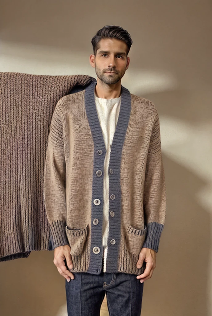 A man sitting on the sofa in the living room，Wear a big cotton jacket，Wrapped in a quilt，Shivering