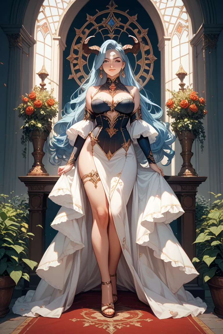 Masterpiece, best quality, tall elf goddess, long silver hair, silky and shiny, bright and detailed blue eyes, exposed thighs, legs apart, huge breasts: 1.4, large boobs: 1.4, large breasts: 1.4, magic breasts, pointed elf ears, flowers in hair detailed, sheer, transparent, tulle, light tulle, mesh, (tulle pajamas), barefoot, detailed, high resolution, HD 4K 8K, full body