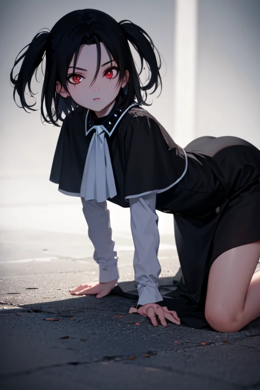 masterpiece, extra limbs,(1 child),10years old,(black shaggy cut), slant eyes, blank navy eyes, (flat chest small nipples small areolas),pale white skin athlete skinny body,sullen,on one knee,((clothed ninja:1.3)),(kneehighs:1.5,short boots),(have a dagger:1.3),((alley,midnight,fog))