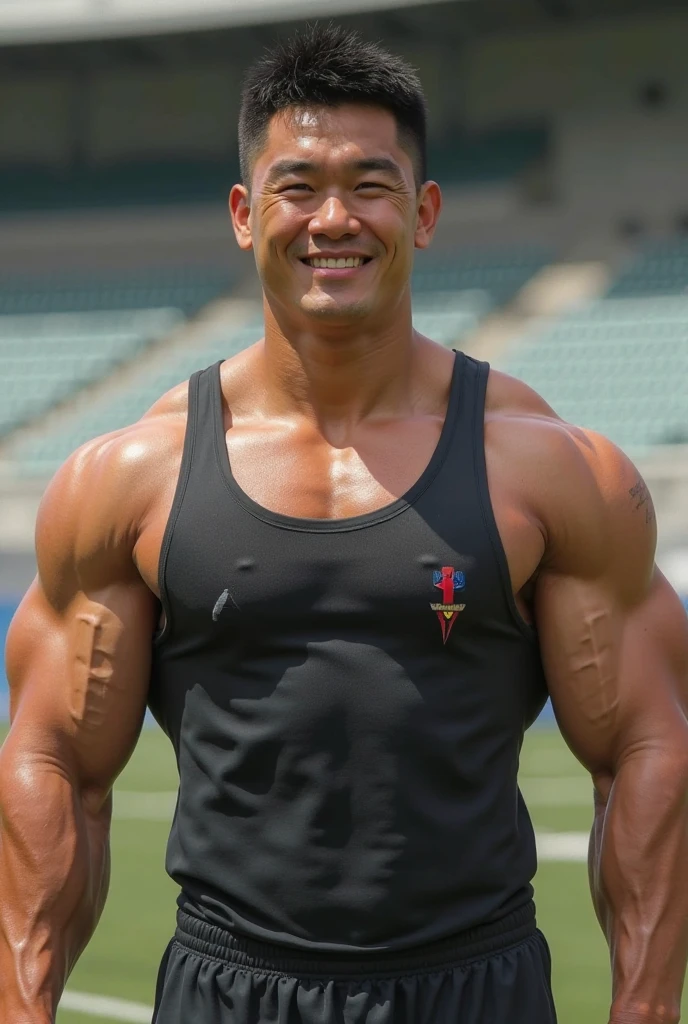 There is only one handsome Asian actor in the photo,35 years old,High target, Fitness,short hair, O-Shaped Beard,Perfect body, Dark skin color,Radiant Skin,Smooth skin,Shiny, shiny skin,Smooth pectoral muscles,No chest hair,No body hair,Muscle bulge, muscular, Very large pectoral muscles,Very sexy abdominal muscles,Very well-developed leg muscles,Huge concave and convex area,Brightens oily skin,Wearing a gold leather shiny thong,Handsome face, Correct and accurate male body proportions, Wear black socks,Put your hands behind your back,Stand among the flowers,Flowers bloom all around。