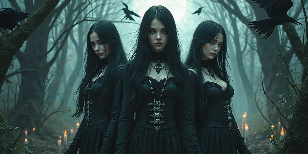 5 sorcières gothiques sexy, jetant un sort, devant un château en ruine, Beaux yeux détaillés, belles lèvres détaillées, un crâne à leurs pieds, visage extrêmement détaillé, long cils, Élégante robe sombre, 5 filles,pose dramatique, éclairage maussade, ciel nuageux dramatique, atmosphère sombre et mystérieuse, composition cinématographique, Photoréaliste, ultra-détaillé, 8k, Meilleure qualité, chef-d&#39;œuvre, 5 filles