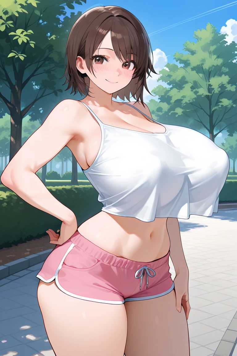 (masterpiece, best quality:1.2), solo, 1girl, yunyun, smile, looking at viewer, arms behind back, crown braid, hair ornament, hair bow, tight shorts, sport bra, natural breasts, huge breasts, huge ass, huge thighs, narrow waist, wide hips, thick thighs, curvy, cleavage, outdoors, village
