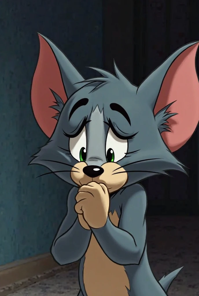 Generate an image of Jerry mouse crying from tom and jerry show having ear buds (black color) in his ears placing his hand on mouth