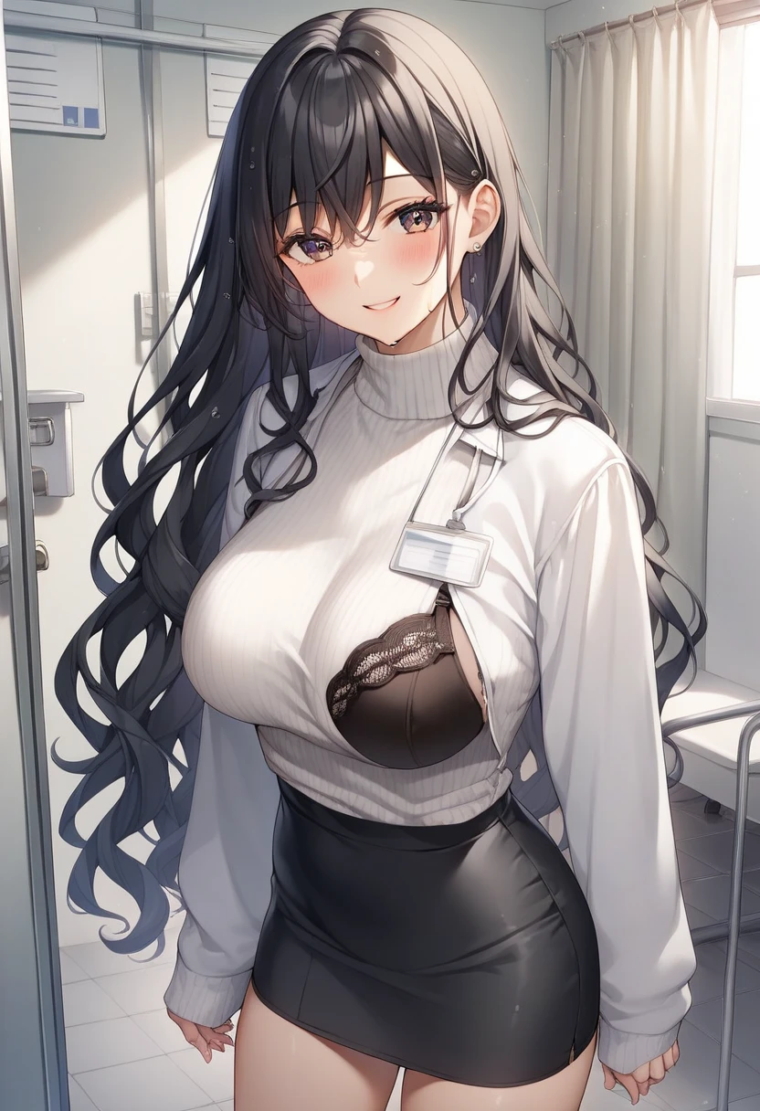 (be familiar with, masterpiece, highest quality, complex),

(((big breasts))), 
1 girl, alone, (milf:1.3), (Doctor white Code)

Straight black hair、Long hair、Narrow, sharp eyes、Thin jaw、Turtleneck sweater、White、Public Health Physician、Female doctor、Shiny black stockingini skirt、high school、