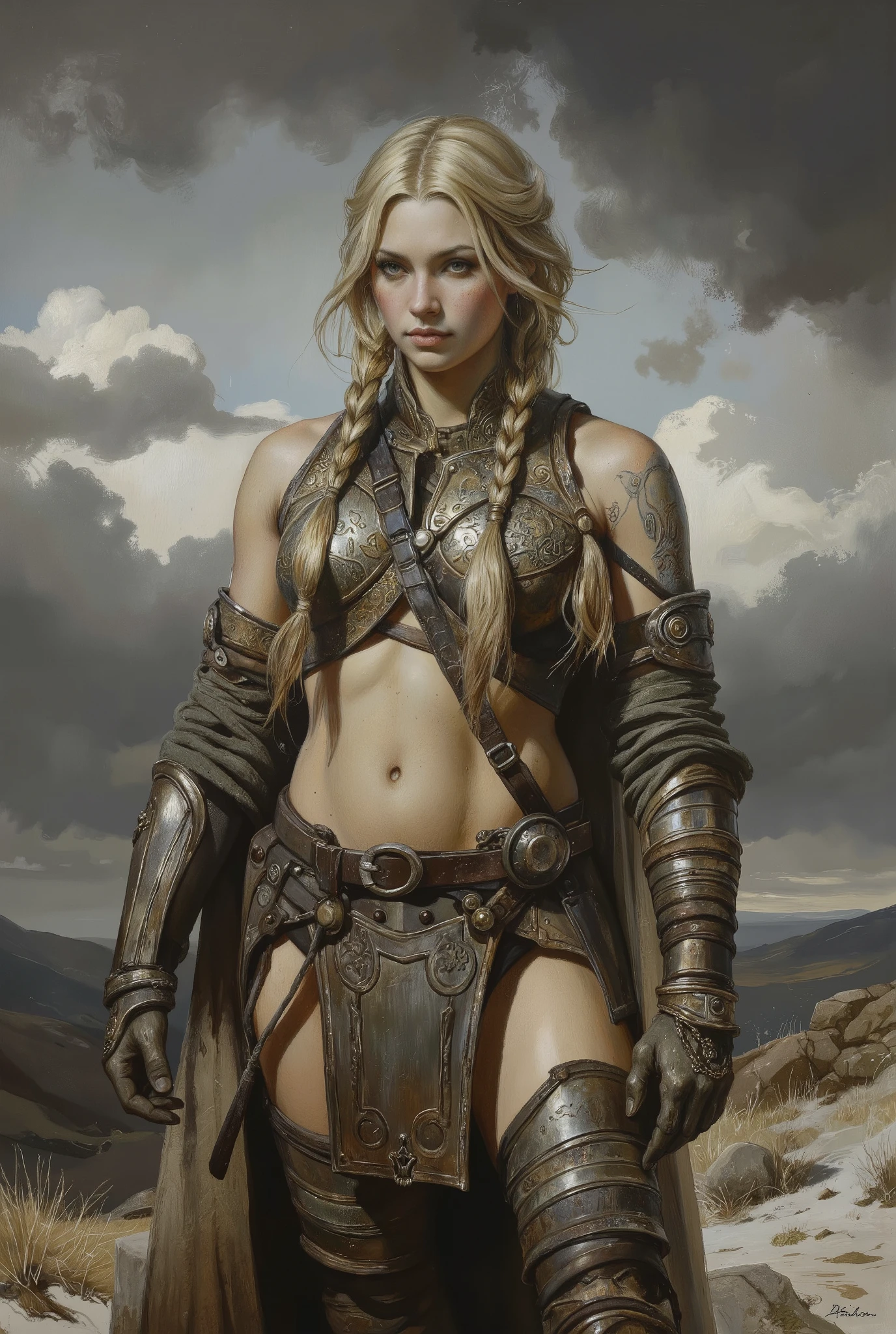 Digital painting depicting female warrior in armor. Female is muscular, has fair skin, grey eyes, blonde hair, two braids,