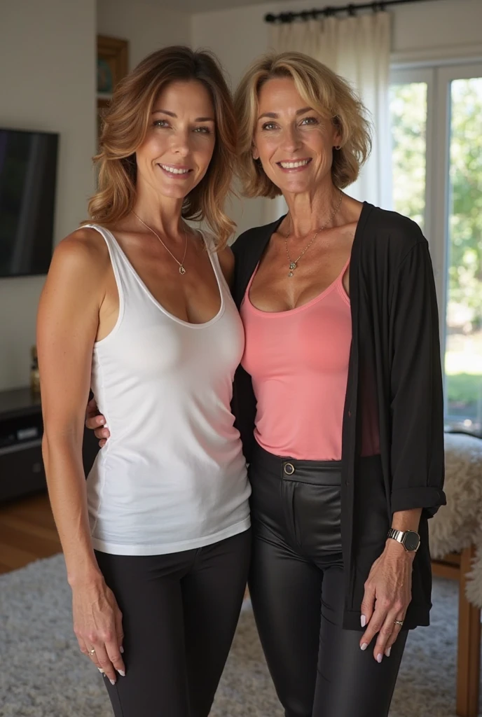 2heads, two headed, (50 year old mom and 20 year old daughter:1.5), left head is old white blonde mom, right head is young daughter, milf body,(different ages:1.5)
