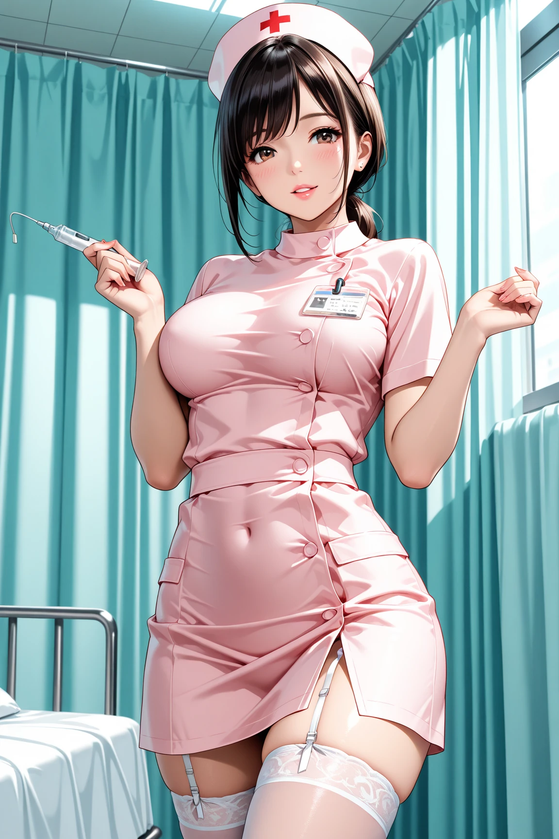 1 Female, alone, nurse, nurse cap, White, ((White legwear, zettai ryouiki)), White gloves, Long Hair, Purple Hair, Red eyes, Pink Lips, smile, Are standing, ((Hospital room)), Sharp contours, Short sleeve, Mature Woman, Age 35, highest quality, masterpiece，Large Breasts