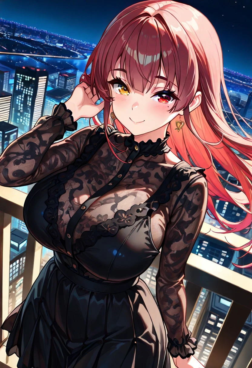 full body, city lights, minidress, cleavage, city background, 1girl, maroon red hair,(shiny lipstick) (pink eyes), long hair, detailed face, cat ears, medium breasts, cleavage, long eyelashes, mature, (smirk, closed lips, big plump lips, eyeshadow) shiny skin, beautiful eyes,(detailed eyes, sharp eyes, clear pupils:0.8), blunt bangs, wispy bangs, slim body, red lipstick