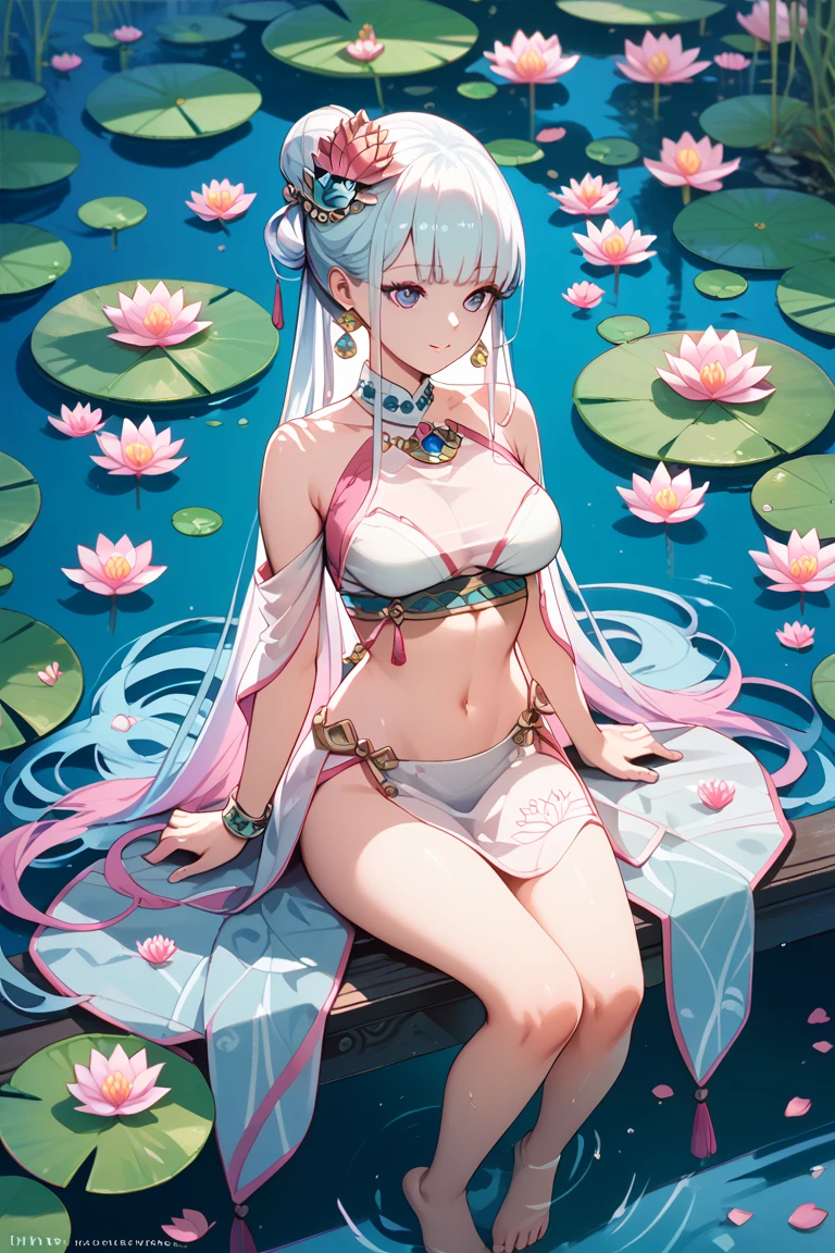 Teenage Kama sitting in shallow water, has a pink heart arrow, Second Ascension Costume, shiny clothes, transparent clothes, erotic pose, goddess of love in the universe, enchanting smile, lotus field background, floating pink heart