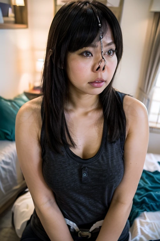 ((highest quality)), ((masterpiece)), (be familiar with), perfect face,black hair,long hair,((Glasses)),(((super huge breasts))),Japanese,big areola,naked,10 year old female,beautiful girl,show one's side,((pregnancy)),grit your teeth,((tears)),red face,raise both arms,messy hair,From head to crotch,blue streaks on chest,milk,sexual behavior,pinch your nipples,crawl on all fours,