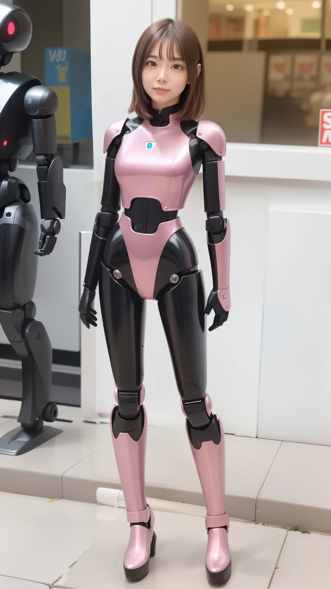 cyborg, pink there, Silver, Metallic body, Robot Parts, Metal Parts, Super Detailed Face, Super well-formed face, of the highest quality, a small face, a small head, full body, Brown hair, Slender body, Camera gaze, Internal Mechanical Exposure, Idol, Well-proportioned body, gravure, Photo session, Akihabara, Moe Pose, Standing with legs open, Model body type, sad, Embarrassing,(Perfect Robot Girl),(Perfect machine body)