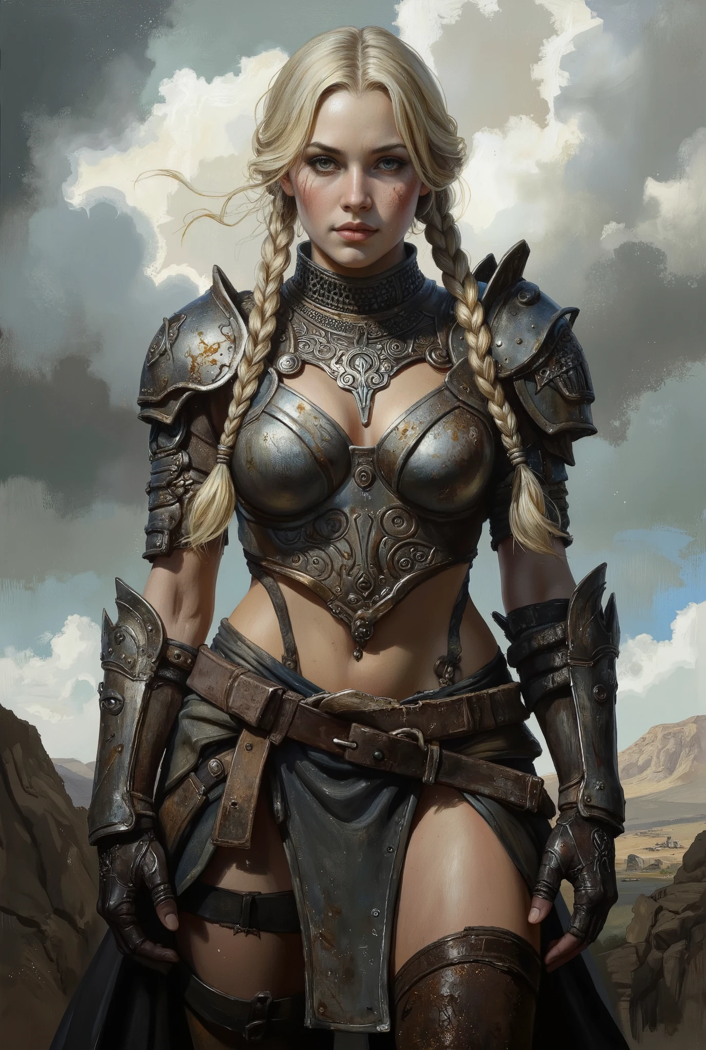 Digital painting depicting female warrior in armor. Female is muscular, has fair skin, grey eyes, blonde hair, two braids,