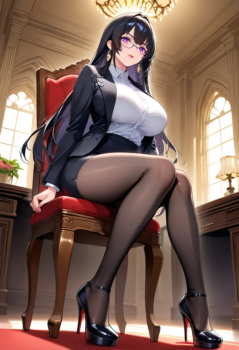 Crossing your legs,office,pantyhose, light, Elegant face,Mature Face