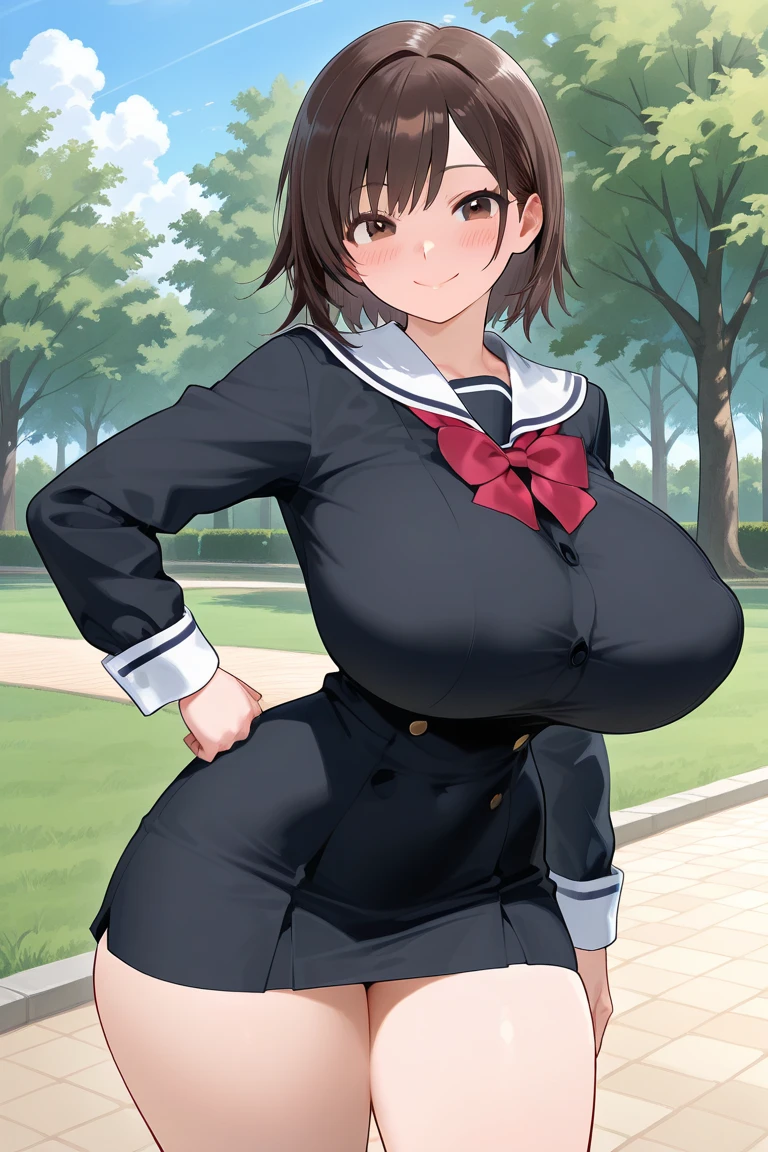 anime artwork, score_9, score_8_up, score_7_up, source_anime, BREAK, thick outline, fat outline,
Minori_XL, blue eyes, brown hair, white hair ornament, green scrunchie, twintails, huge breasts, ahoge, fang, BREAK, Minori_school, school uniform, white sailor collar, grey jacket, black buttons, grey skirt, skirt frills, neck ribbon, grey belt, black pantyhose, BREAK, outside, sideview, 
<lora:Minori_XL:0.7>
<lora:PersonalAmi_PonyXL:1.0>