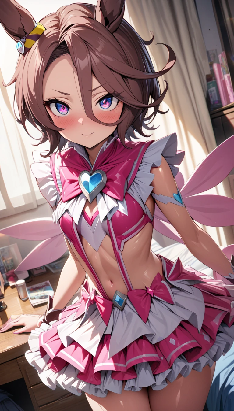 ,,(petite), 1girl, looking at viewer, , hazuki katou,,,, ,,,blush,(spoken heart),,flat chest,(evil smile,grin),(((magical girl costume))),miniskirt,thighhighs,,long sleeves,brooch,(nipple,panties)