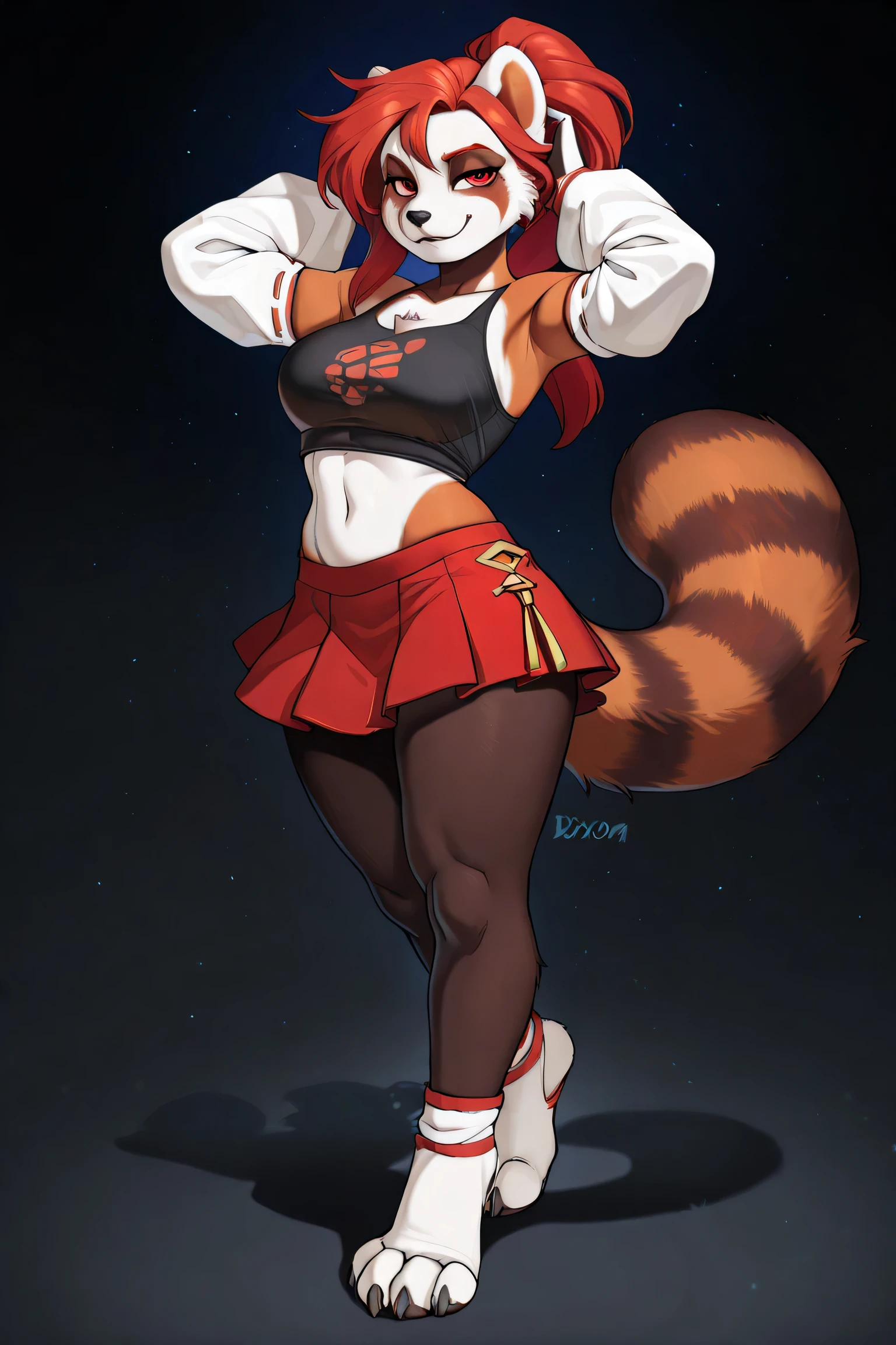 masterpiece, high quality, buxom body type, curvy figure, tall character, small pointed ears, pandaren, anthropomorphic, long red hair, red eyes, brown arms, claws, female, long fluffy tail, pointed foxtail, red panda, ((solid black midriff tank top)), ((wearing detached sleeves)), ((white sleeves)), ((wearing a red skirt)), ankle wraps, small smile, medium breasts, white paws, white hands, large foot paws, bare midriff, standing, digitigrade legs, dark background