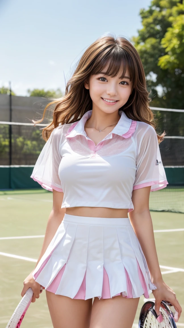 (Best-quality, Masterpiece, Ultra-High-Resolution, (Photorealistic:1.4), Raw Photo, depth of field, professional lighting, perfect anatomy, extremely details), 1girl, the most famous Japanese idol, innocent smile, cowboy shot, standing on tennis-court in heavy-rain, ((wearing extremely wet white-tennis-uniform from heavy-rain, light-pink-brassiere-with-cute-patterned showing through wet white-tennis-uniform-shirt)), (extremely cute face like the most popular Japanese idol soaking wet from heavy-rain, ((extremely cute and extremely big eyes)), extremely cute hair soaking wet from heavy-rain, extremely beautiful skins)), extremely cute long-eyelashes, extremely cute lips, extremely beautiful thighs soaking wet from heavy-rain