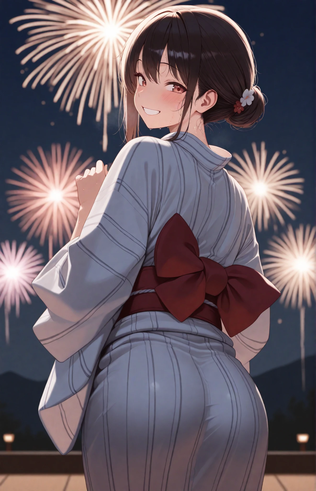 irohaisshiki, Isshiki Iroha, long hair, brown hair, (brown eyes:1.5), smile,animal ears fox ears from the top of the head,animal tail Fox tail from the ass,flower hair ornament,Yukata with yellow floral pattern,long skirt,Zori sandals,firework in the night sky,firework,The place is a firework display,Time is night,sunny day,Make sure the whole body is included in the illustration,put both arms behind one's back,
break outdoors, destroy the shrine (masterpiece:1.2), highest quality, High resolution, unity 8k wallpaper, (shape:0.8), (beautiful and detailed eyes:1.6), highly detailed face, perfect lighting, Very detailed CG, (perfect hands, perfect anatomy),