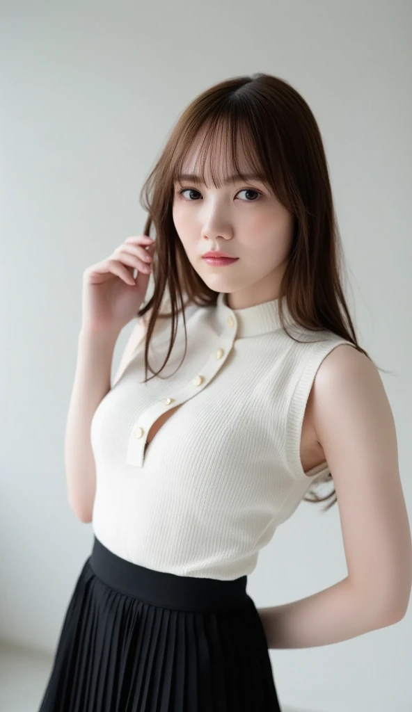 1girl, woman, masterpiece, best quality, highest quality, cinematic lighting, (volumetric lighting), extremely detailed CG unity 8k wallpaper, focused, 8k wallpaper, extremely detailed, ultra realistic, photorealistic, sharp focus, absurdres, (HDR:1.2), (high contrast), photograph, detailed and intricate, instagram, portrait, highly detailed, digital painting, artstation, concept art, smooth, sharp focus, illustration, cinematic lighting, (natural big breast), black short skirt, eyes looking at the viewer, ((medium shoulder)), (skinny legs), (slender body), (((height 163cm))), (HQ skin:1.2, Realistic human body structure), (Full body:1.4), (aerial shot photo), (wearing knit tank top, short skirts), (long hair)
