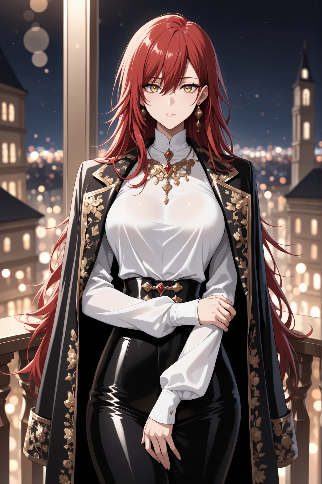 (masterpiece, 8k, best quality:1.3), absurdres, highres, ultra detailed, HDR, detailed beautiful face and eyes, solo, 1 woman , adult , Jujutsu Kaisen , golden eyes , very long hair , (red hair) , (medium breasts:0 . 8) , petite , very cute , beautiful , solo, handsome, sexy woman, white shirt, male fantasy clothes, coat on shoulders, elegant, high fashion, solo, standing, sensual, fantasy, glittering, balcony, night, bokeh