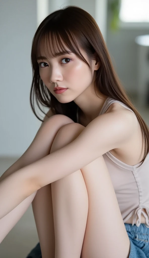 ((best quality)), ((masterpiece)), (detailed), perfect face、(Raw photography:1.2)、top-quality、a beautiful detailed girl、Sitting with Knees Up on sofa at living, spread legs
