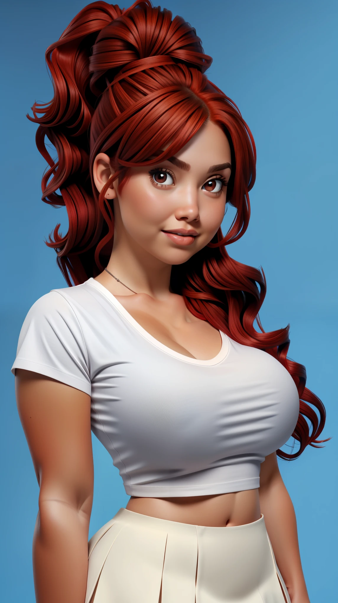 red hair, ponytail, wavy hair, big breasts, thick body, brown eyes, solo, upper body, looking at viewer, white top, t-shirt, black mini skirt, blue background, simple background,