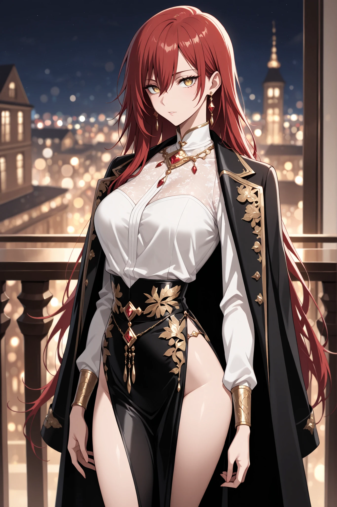 (masterpiece, 8k, best quality:1.3), absurdres, highres, ultra detailed, HDR, detailed beautiful face and eyes, solo, 1 woman , adult , Jujutsu Kaisen , golden eyes , very long hair , (red hair) , (medium breasts:0 . 8) , petite , very cute , beautiful , solo, handsome, sexy woman, white shirt, male fantasy clothes, coat on shoulders, elegant, high fashion, solo, standing, sensual, fantasy, glittering, balcony, night, bokeh