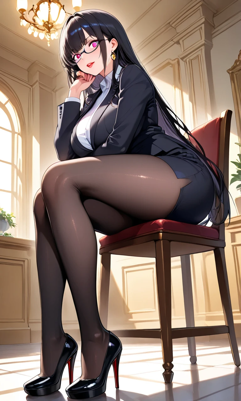 Highest quality、girl、Long black hair、Black business suit、Black tie、Black Skirt、Black Stockings、Black pumps、whole body、Sitting in a chair、indoor