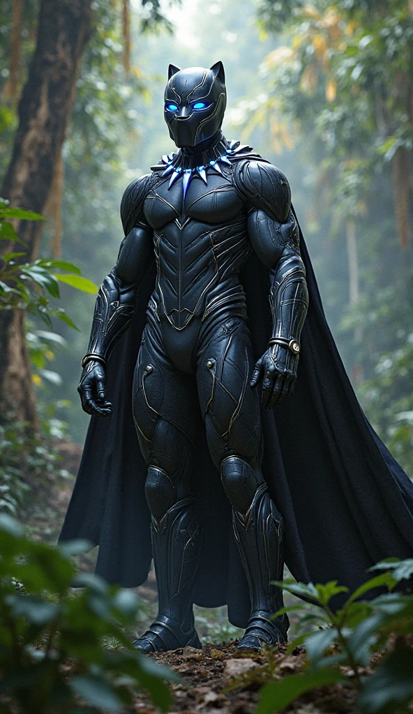 "Produce a flawless, hyper-realistic image of Black Panther in his signature body armor suit. The suit should feature a unique blue-purple armor design reminiscent of Iron Man's high-tech style. Ensure that the image captures the intricate details of the suit, with a focus on its radiant glow and futuristic elements, making Black Panther appear both regal and technologically advanced." Black panther Hi-Tech armour cyberpunk style,