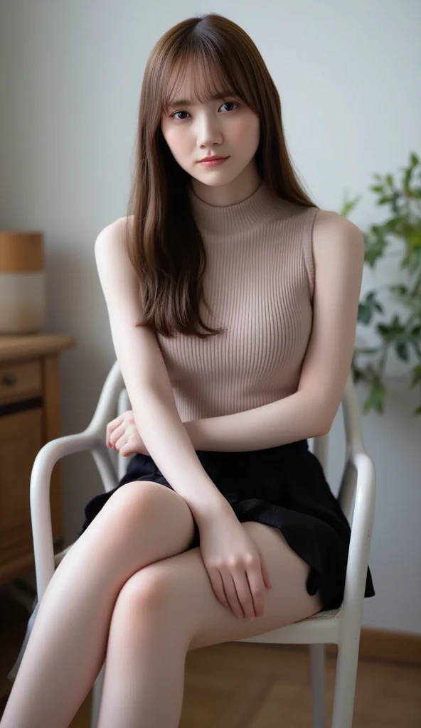 ultra realistic, photography,brwon ponytail hair, girl, 24 years old, hourglass figure, perfect body, Flirty look, extremely detailed artgerm, in the style artgerm, lens 35 mm, blur background, sitting in a chair in the living room, wearing a turtleneck and a skirt, wearing thigh socks, showing off legs, long legs, touching her legs, sexy legs, attractive legs, full body picture, full body portrait, full body, wide shot, wide angle