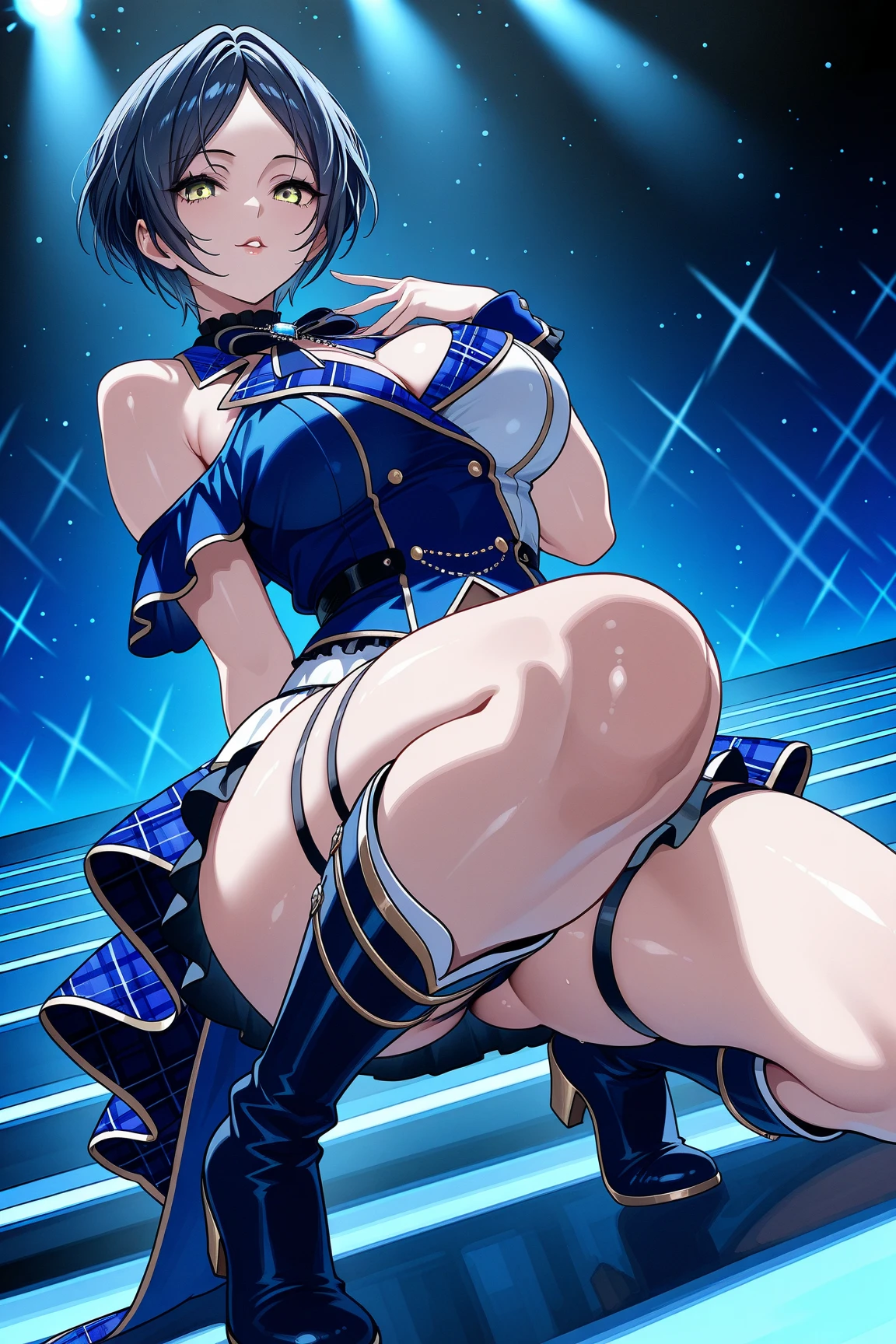 (Ultra flat, Flat Shading), Honors Type, Really blushing, 17years old, high school girl, Wearing a long sleeve shirt and a checkered pleated mini skirt, Short bob cut brown hair, Glasses, Sweaty healthy body, ((cyber punk))(SF body suit,sci-fi headgear,high heel long boots)Mesgaquismiles, ((Very, very big butt))((Panties are visible))((lace lingerie,Shiny satin pink panties))((full back panties))(from behind)(ass focus)((from below)), Ultra-realistic, early morning, Breeze Skirt Lift, (Spread your legs:1.0), (squat)(You can see her small cheeks and pubic hair sticking out of her panties)