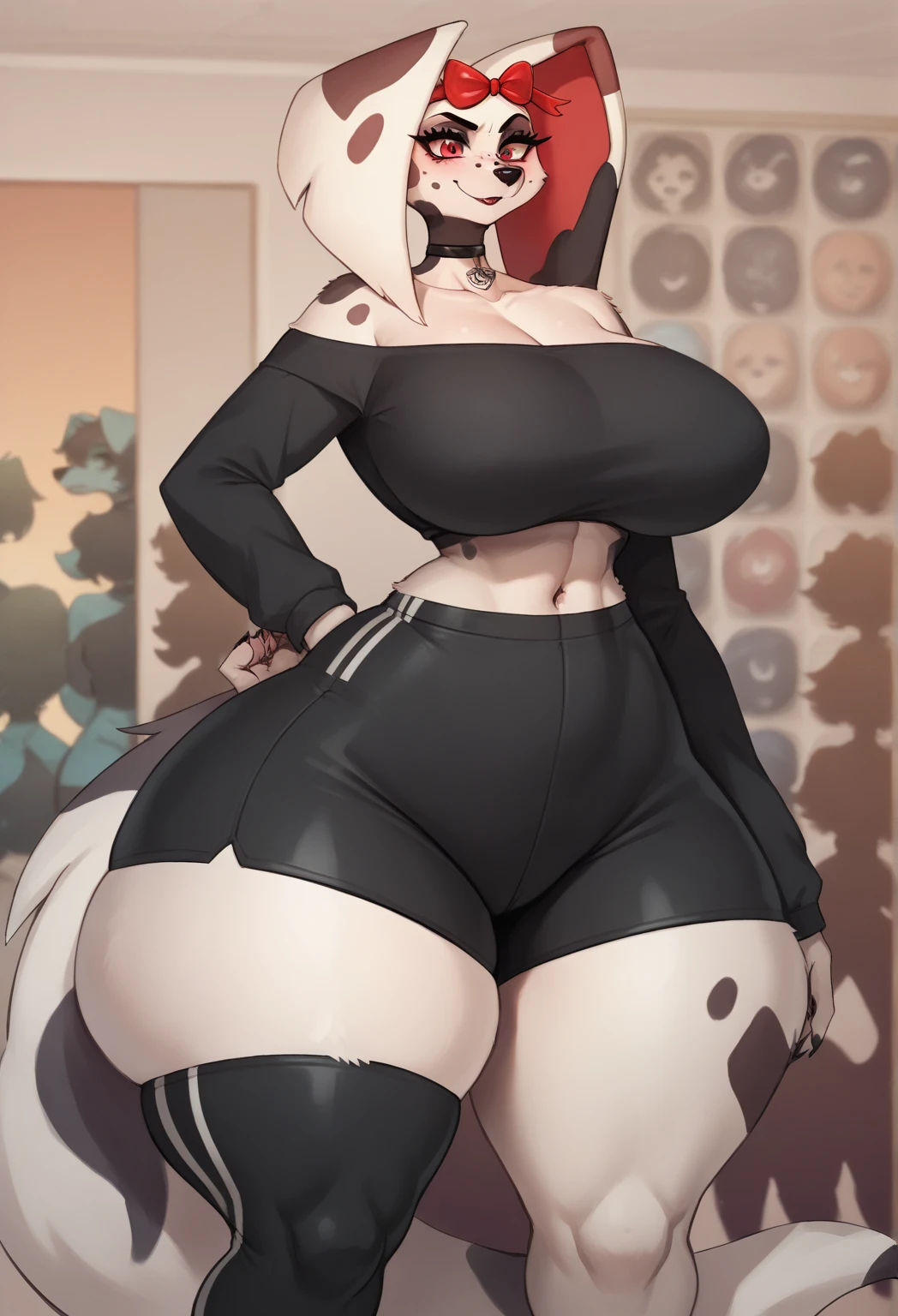 Amy Rose, masterpiece, best quality, 1girl, solo, long sleeves, smirk, ((gigantic breasts)), (thick thighs), fishnet leggings, French maid outfit, black thong, topless, high heels