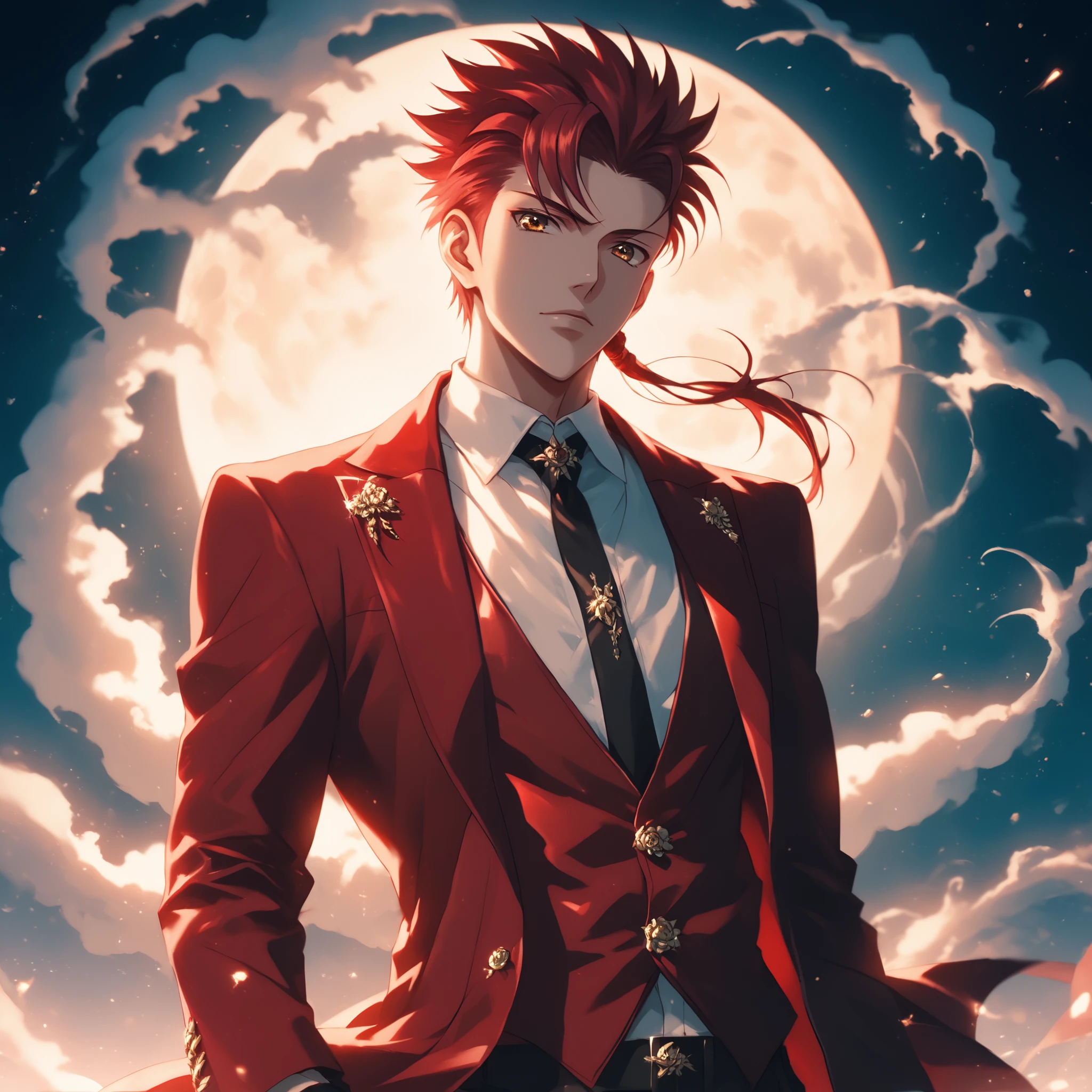handsome man, wearing beautiful elegant black_red suit, dark_fantasy, Long yellow spiky hair, moon, pixiv, , elegant spooky, Code_Geass Anime Theme, dramatic light, fantasy background, , Tsutomu Nihei style, vibrant colors, Manga nib pen style, dramatic lighting, beautiful_sparkle background, ((shiny )), glistening, highly detailed, light, spooky atmosphere — quality, ((more details:1.5))