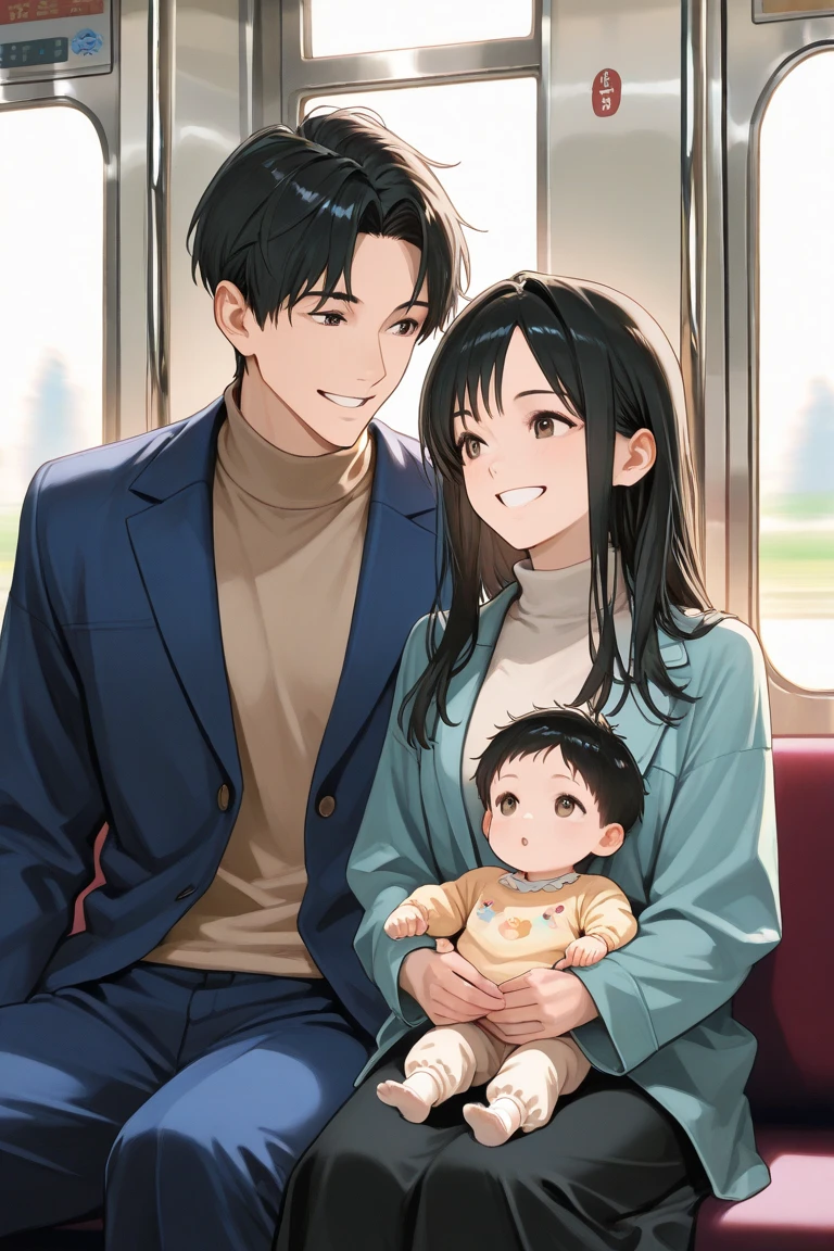 Two men and women、Holding one baby