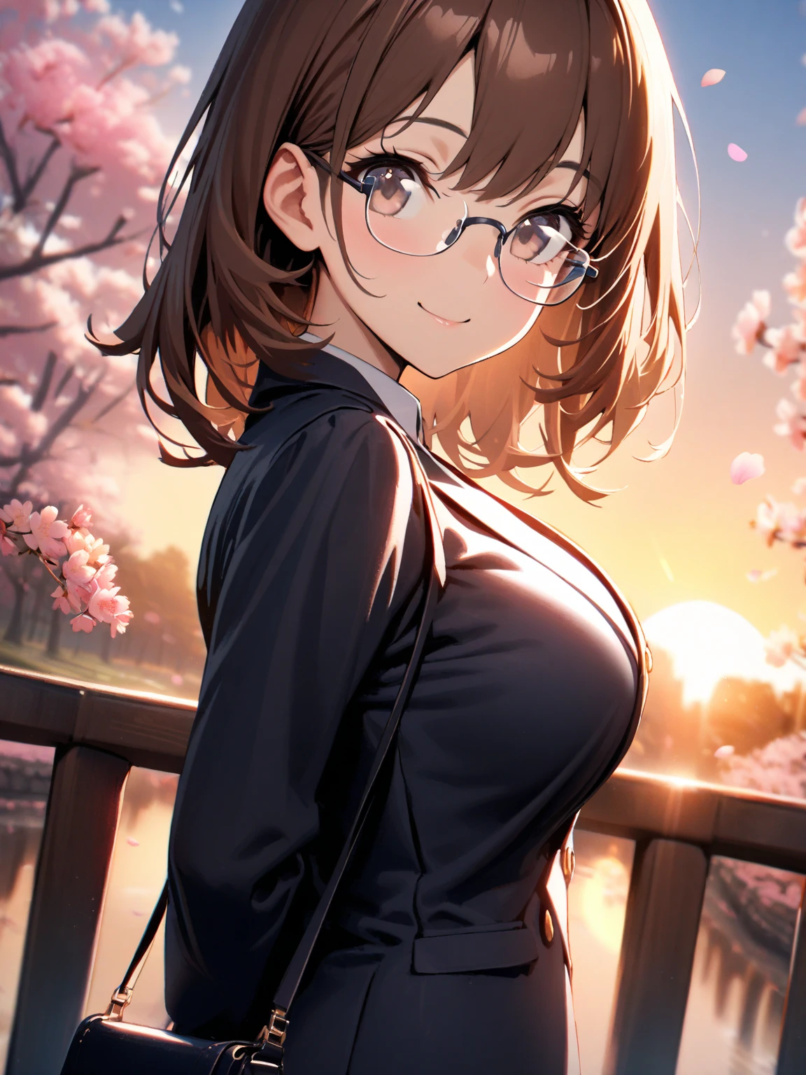1girl, breasts, cherry_blossoms, long_hair, solo, flower, cleavage, tattoo, hair_ornament, dress, sky, black_dress, petals, smile, black_hair, tree, hair_flower, bare_shoulders, looking_at_viewer, pink_flower, medium_breasts, outdoors, blue_sky, bangs, brown_hair, brown_eyes, hair_between_eyes, cloud, lips, water, sleeveless, day, strapless, blush, shoulder_tattoo, parted_bangs, very_long_hair, parted_lips, uguisu_anko, (glasses, round eyewear, brown hair, folded ponytail, black eyes:1.4), gesugao,