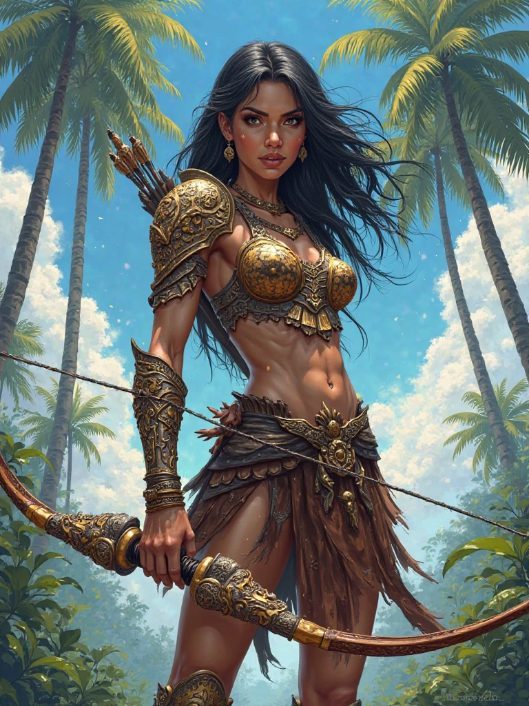 Female barbarian savage, tribal bikini, quarterstaff, outdoor subtropical environment, dynamic battle pose