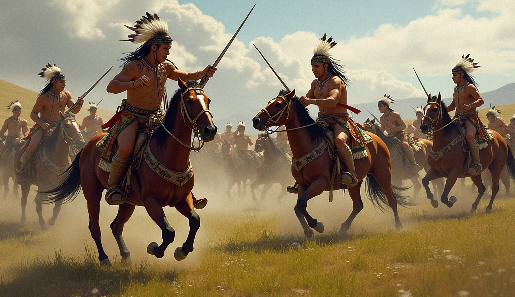 Two American Indian men riding on a horse running in the middle of a Native American Indian village, moccasins
<lora:TotemPunkAI:0.5> totempunkai, mohawk
<lora:EdobHorse_v1:0.5> gypsyvanner
village, totems, tipis, feathers attached to horses' manes, mountains,
<lora:banishment:0.35>