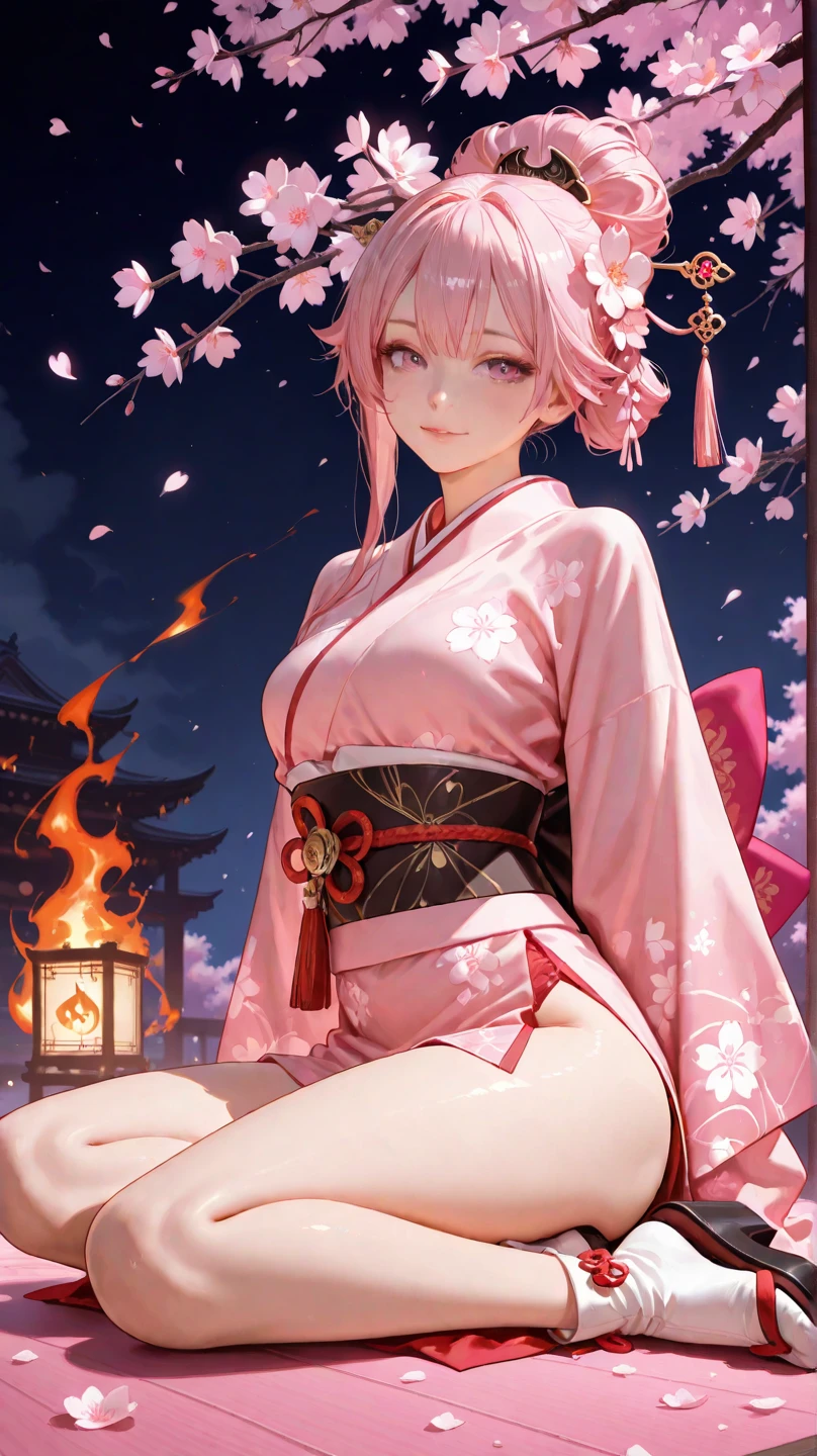 masterpiece, Highest quality, High resolution, One girl, bionde, Medium Hair, Asymmetrical Hair, Floating Hair, Hair between the eyes, High Ponytail, Side Lock, hair ornaments, fish hair ornaments, tassel, Hairpin, bangs, Orange Eyes, Open your mouth, smile, teeth, upper teeth only, choker, red choker, pendant choker, butterfly choker, clavicle, tattoo, chest tattoo, flower tattoo, Cleavage, Medium chest, Thighs, bandage, Feet wrapped in bandage, sarashi, Budget Sarashi, chest sarashi, black sash, Otherwise, houkisei, kimono, kimono, kinchaku, heart, heartage, heartjime, orange kimono, Pouch, print kimono, rope, sash, shimenawa, short kimono, One shoulder exposed, vision (Genshin Impact), East Asian architecture, cherry blossoms, whole body, squat, Incense sticks, night, firework, holding firework, Align your feet, feet, One-handed gloves, One fingerless glove, Wristband, Black socks,