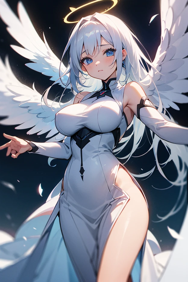 masterpiece, best quality, best face, ultra -detailed, finely detail, White girl, angel, big wings, white hair, blue eyes, sexy, sexy pose, pastel blue dress, full body, long hair, fringe, black dress, black shoes, acessories, wings on the back, hands on the dress