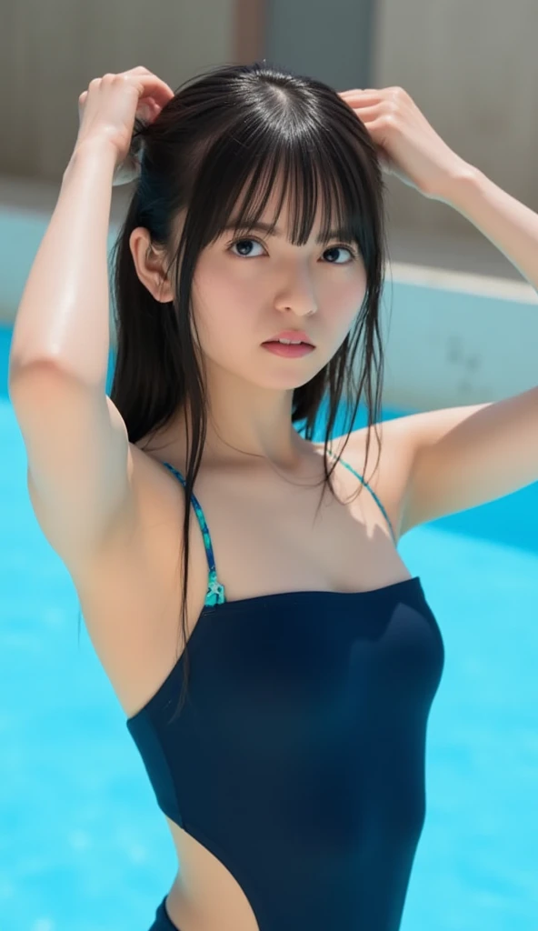 high resolution、Highest quality、masterpiece 、Ultra-high resolution、(Realistic:1.4)、RAW Photos、1 Girl、Black Hair、Shiny skin、playwright、whole body、Bitch、whole body写真、Shiny pink and black swimsuit、Wet、Huge breasts、