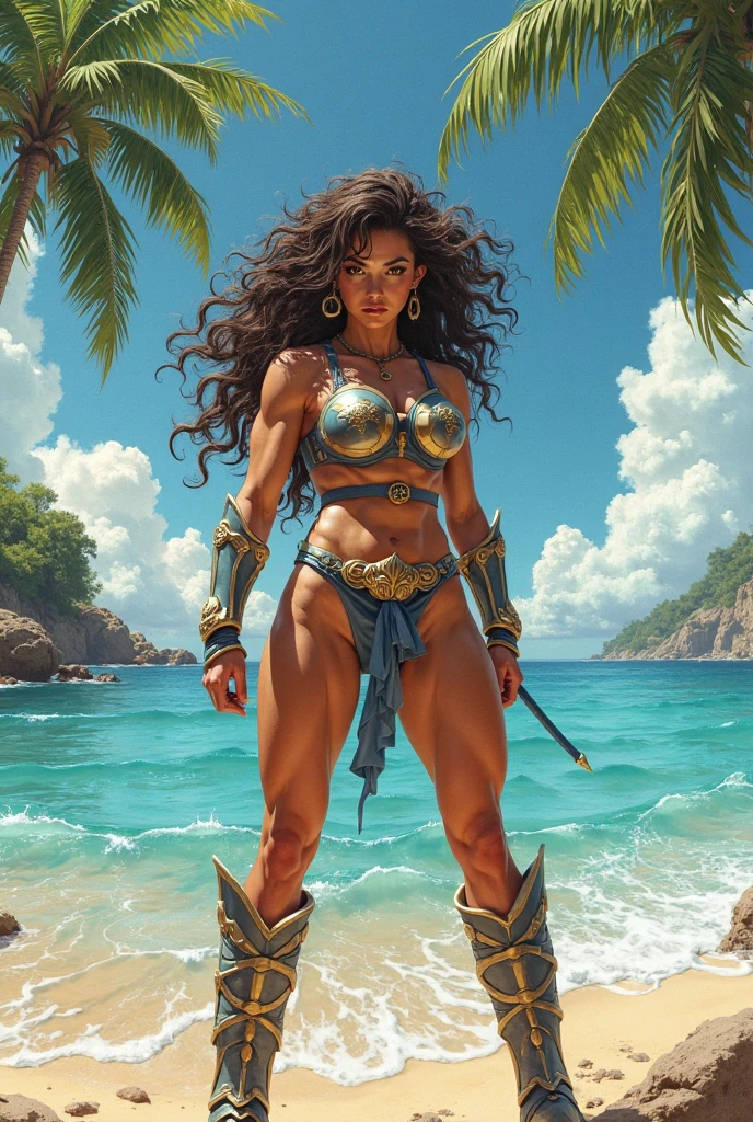 (GC superior, Obra maestra, incredibly detailed, Alta calidad, photo taken from behind), Diosa guerrera africana con armadura de bikini rojo, jungle landscape, mujer musculosa, ((trasero extremadamente grande e inflado)), medida de cadera 150 cm